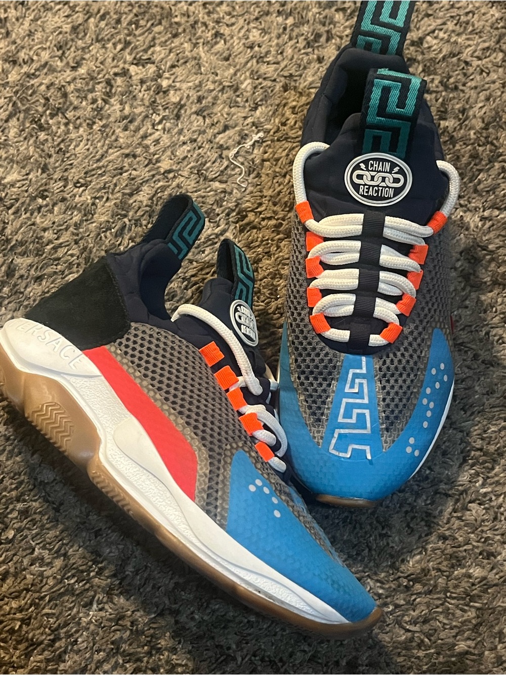Versace Men’s Chain Reaction Sneakers in Blue, Gray, Black & Orange
